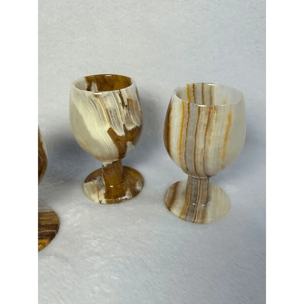 Marble Onyx Short Stem Wine Goblets, Set of Four, Cream/Brown Marbling